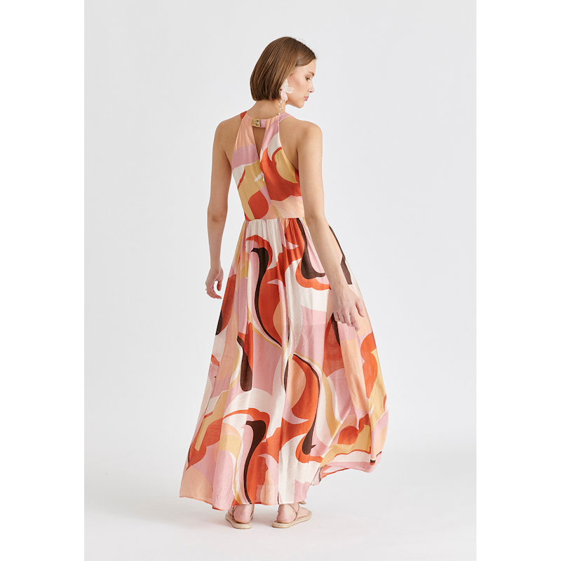 Thumbnail of Retro Wave Halter Neck Maxi Dress In Red, Pink, Peach, Brown And White image