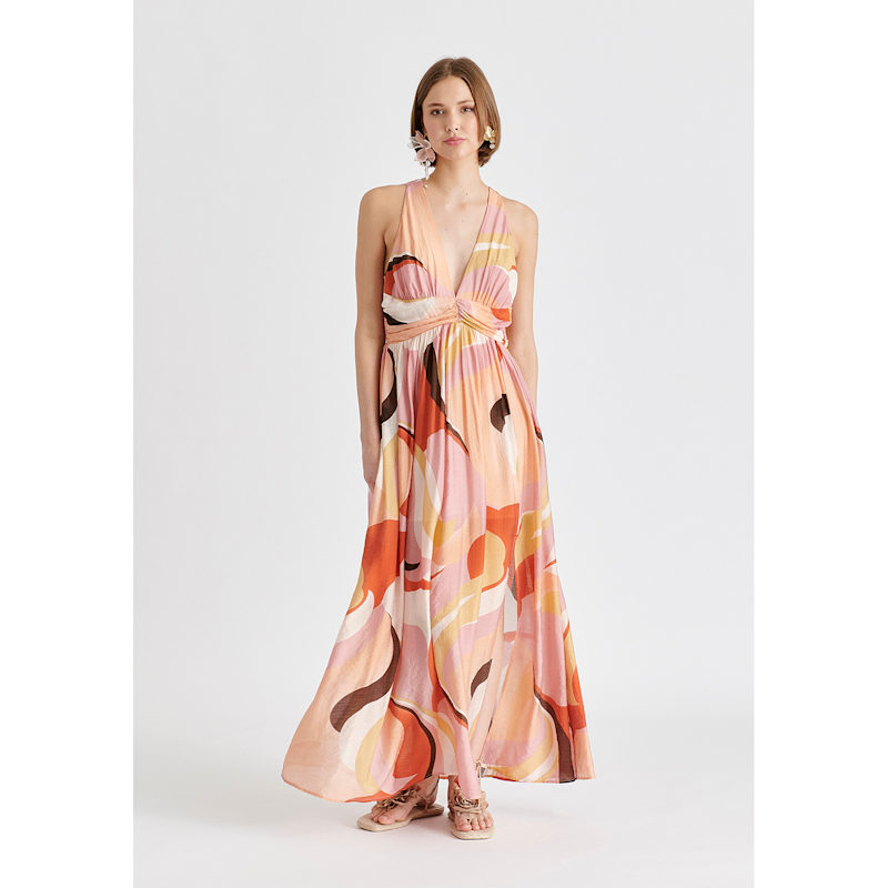 Retro Wave Halter Neck Maxi Dress In Red, Pink, Peach, Brown And White |  PAISIE | Wolf & Badger