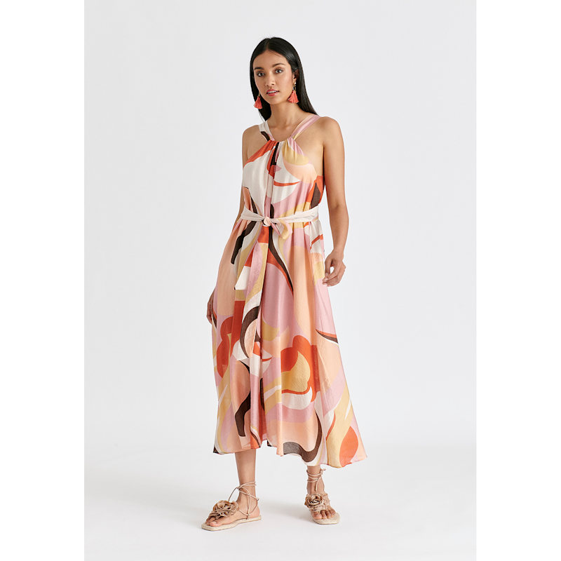 Retro Wave Halter Neck Midi Dress With Belt In Red, Pink, Peach