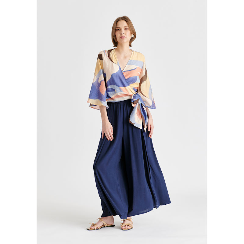 Thumbnail of Retro Wave Wrap Kimono Blouse In Blue, Brown, Pastel Yellow, Pink And White image