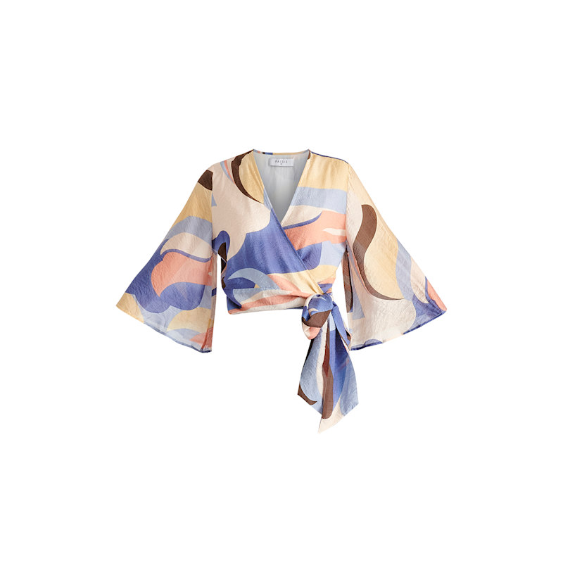 Thumbnail of Retro Wave Wrap Kimono Blouse In Blue, Brown, Pastel Yellow, Pink And White image