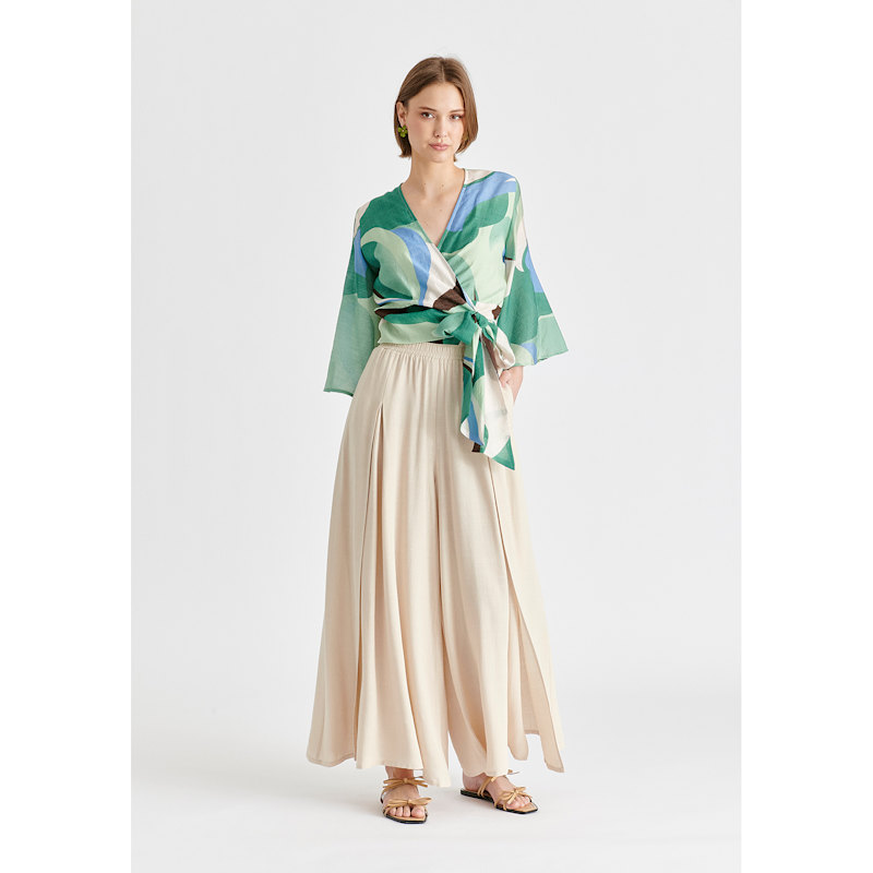 Thumbnail of Retro Wave Wrap Kimono Blouse In Green, Brown, Blue, Mint And White image