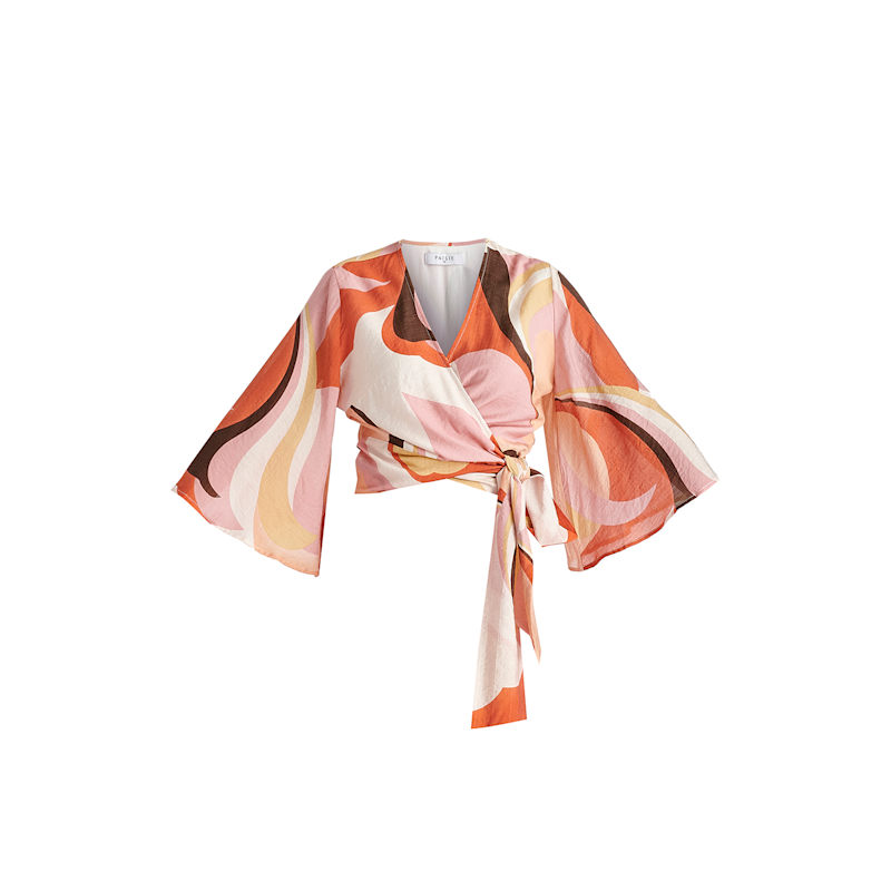 Thumbnail of Retro Wave Wrap Kimono Blouse In Red, Pink, Peach, Brown And White image