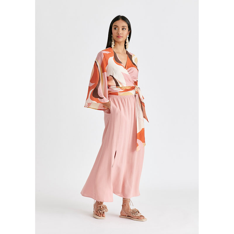 Thumbnail of Retro Wave Wrap Kimono Blouse In Red, Pink, Peach, Brown And White image