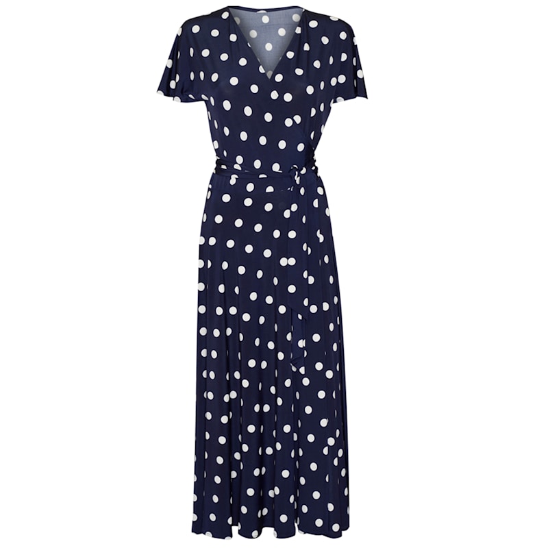 knee length dresses for ladies The Navy Round Neck Polka Dot Cutout Midi Dress - Round Neck Prom Summer  Solid Color Dresses - Navy - Dresses