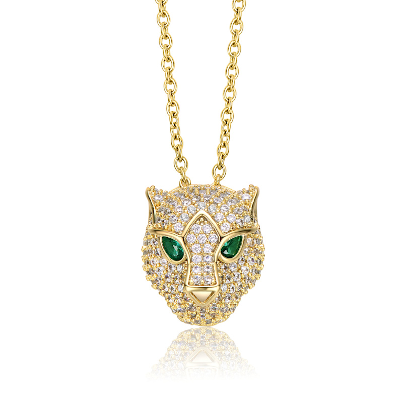 Thumbnail of Rachel Glauber Yellow Gold Plated With Emerald & Cubic Zirconia Three-D Panther Head Pendant Layering Necklace image