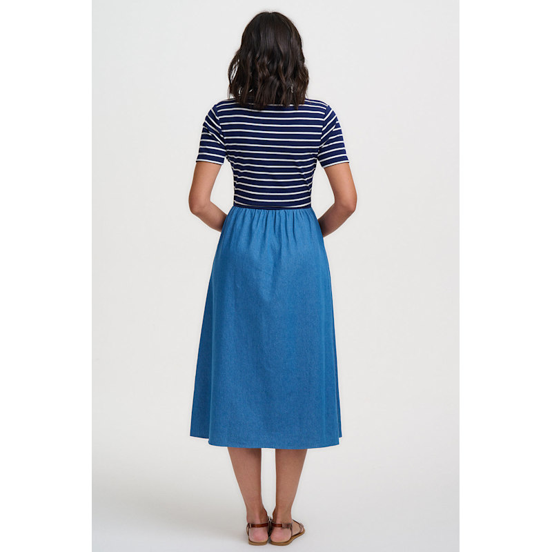 Thumbnail of Rhian Jersey & Woven Mix Midi Dress Navy, Off White, Stripe & Denim image