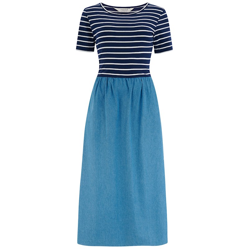 Thumbnail of Rhian Jersey & Woven Mix Midi Dress Navy, Off White, Stripe & Denim image