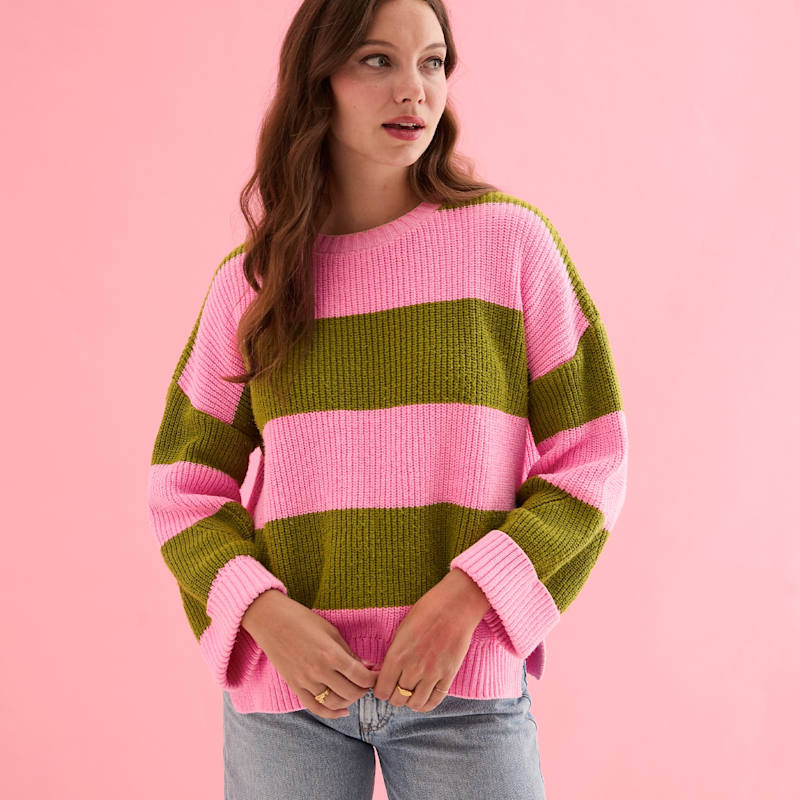 Thumbnail of Rhiannon Recycled Cotton Chunky Stripe Jumper - Pink And Green image