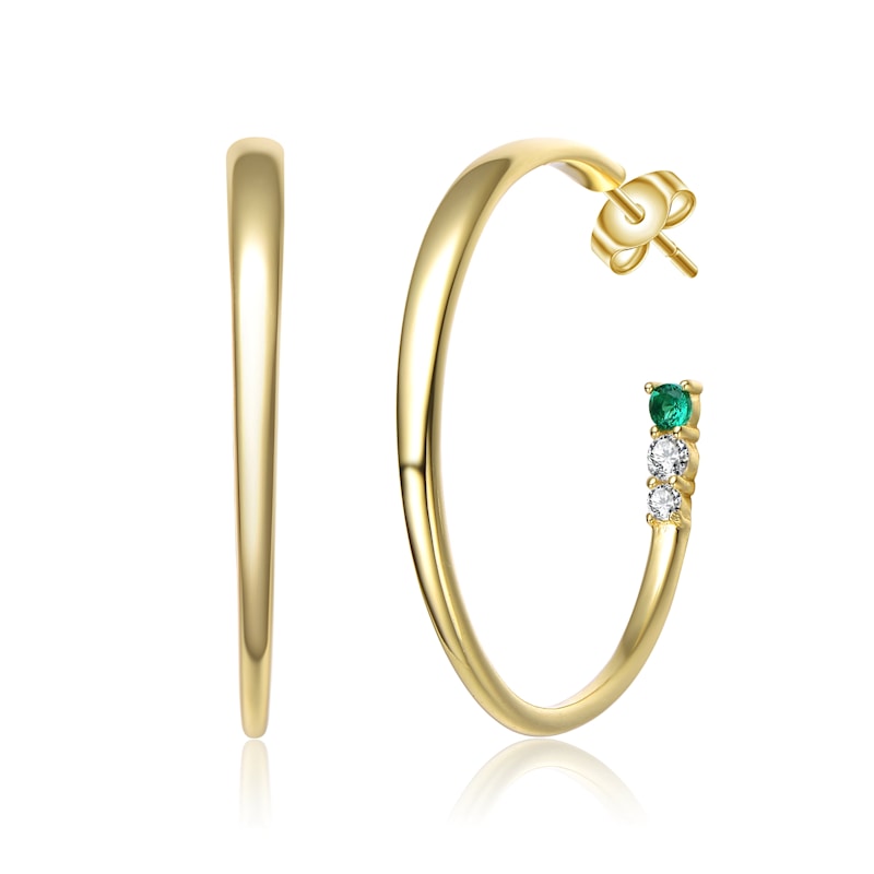 Thumbnail of Rhodium-Plated With Diamond And Emerald Cubic Zirconia Three-Stone C-Hoop Earrings In Sterling Silver image