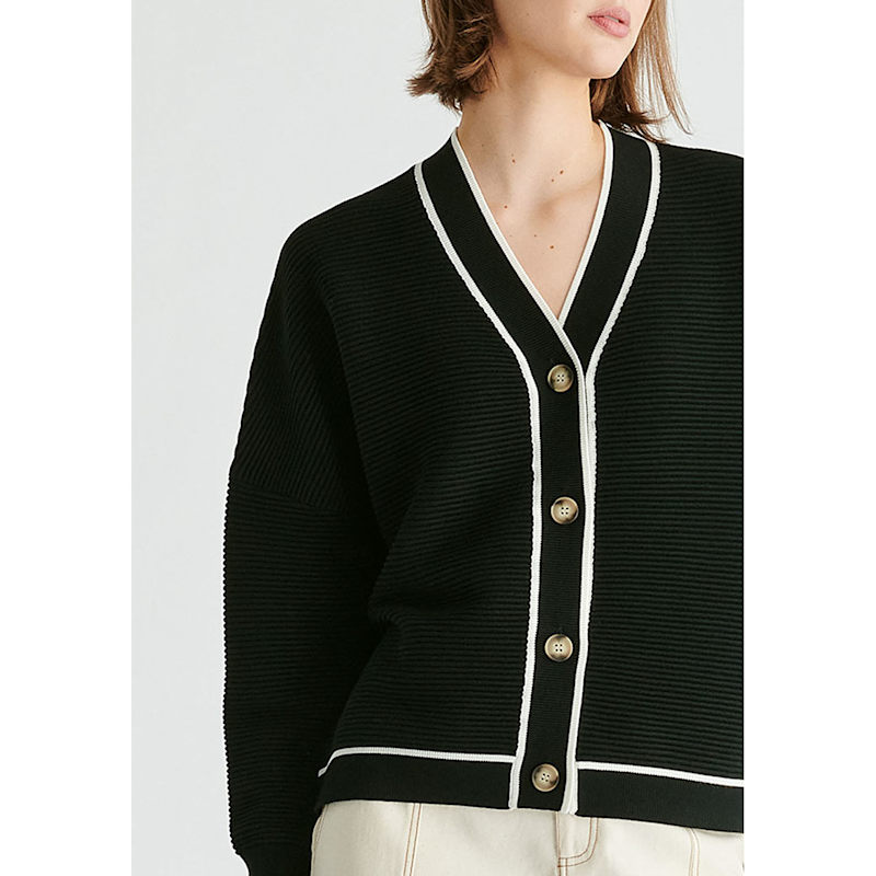 Thumbnail of Ribbed Cardigan With Contrast Trim In Black And White image