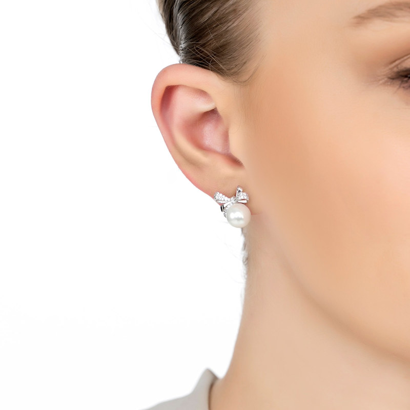 Thumbnail of Ribbon Bow Pearl Stud Earrings Silver image