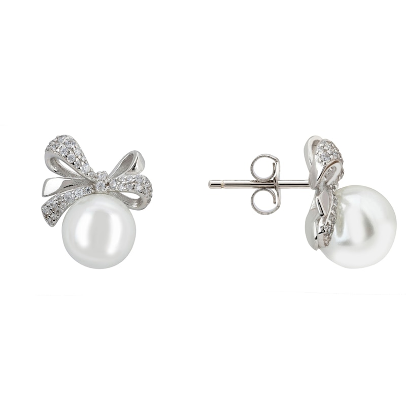 Thumbnail of Ribbon Bow Pearl Stud Earrings Silver image