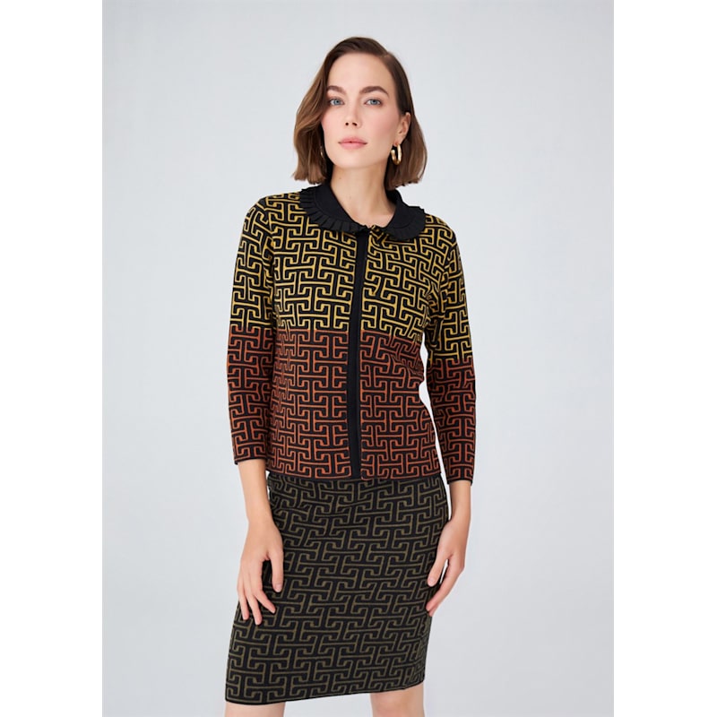 Thumbnail of 3/4 Sleeve Geometric Jacquard Patterned Knitwear Jacket - Multicolour image