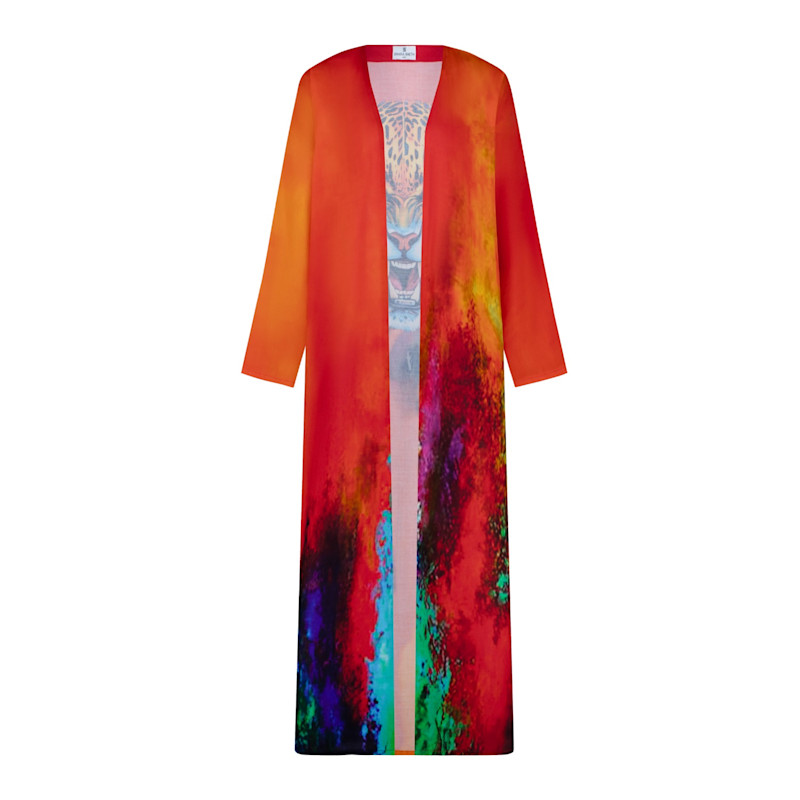Thumbnail of Roar Tiger Animal Print Abstract Long Kimono - Red & Multicolor image