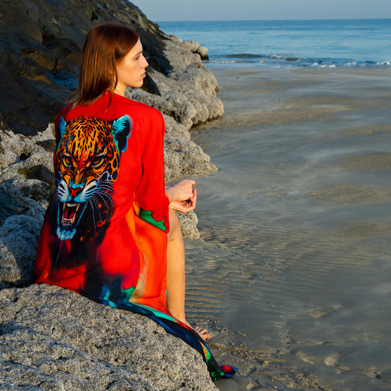 Thumbnail of Roar Tiger Animal Print Abstract Long Kimono - Red & Multicolor image