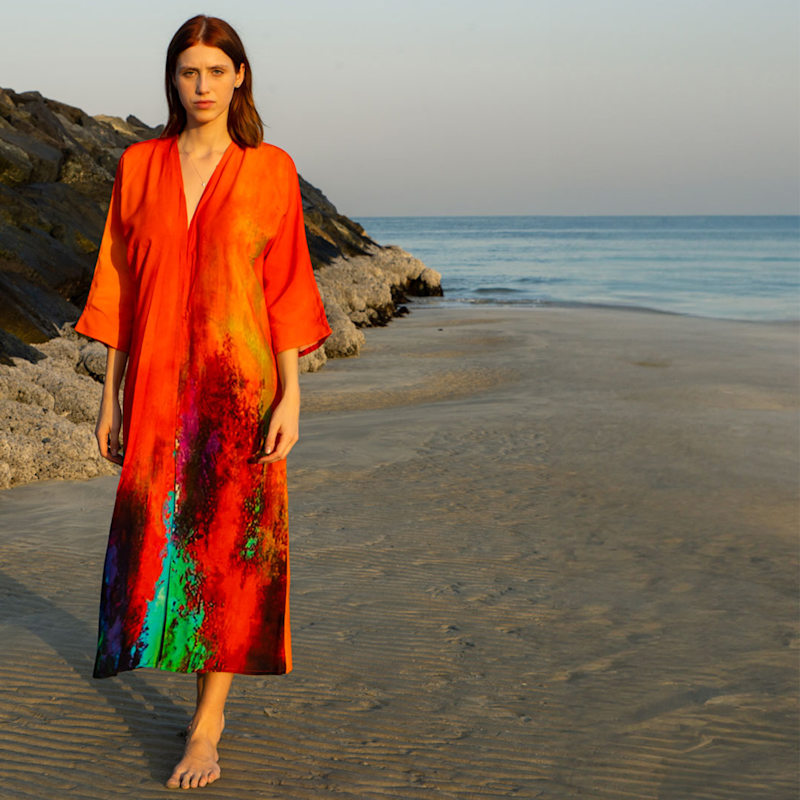 Thumbnail of Roar Tiger Animal Print Abstract Long Kimono - Red & Multicolor image