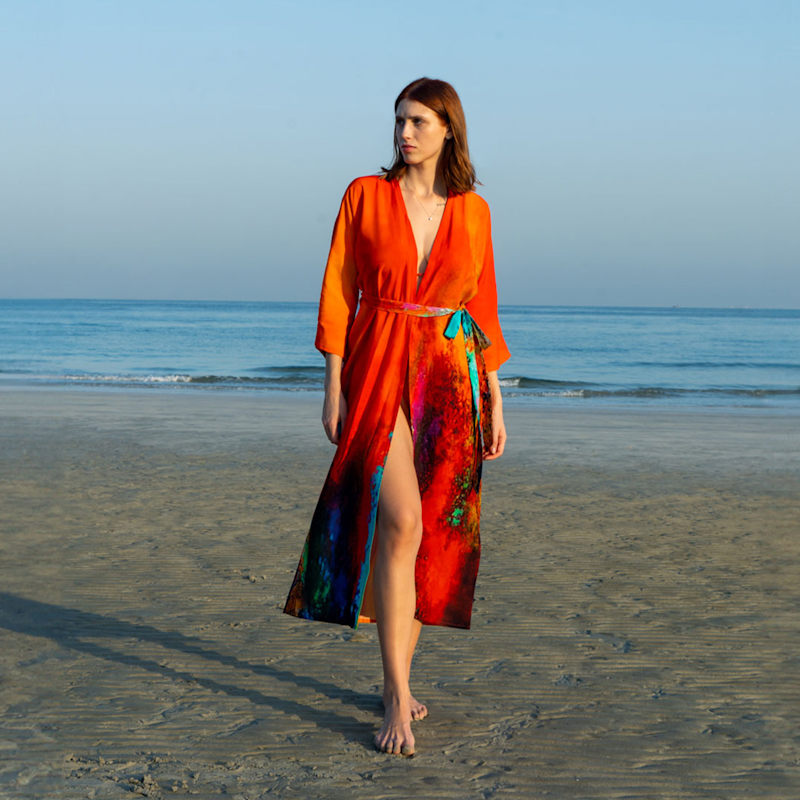 Thumbnail of Roar Tiger Animal Print Abstract Long Kimono - Red & Multicolor image