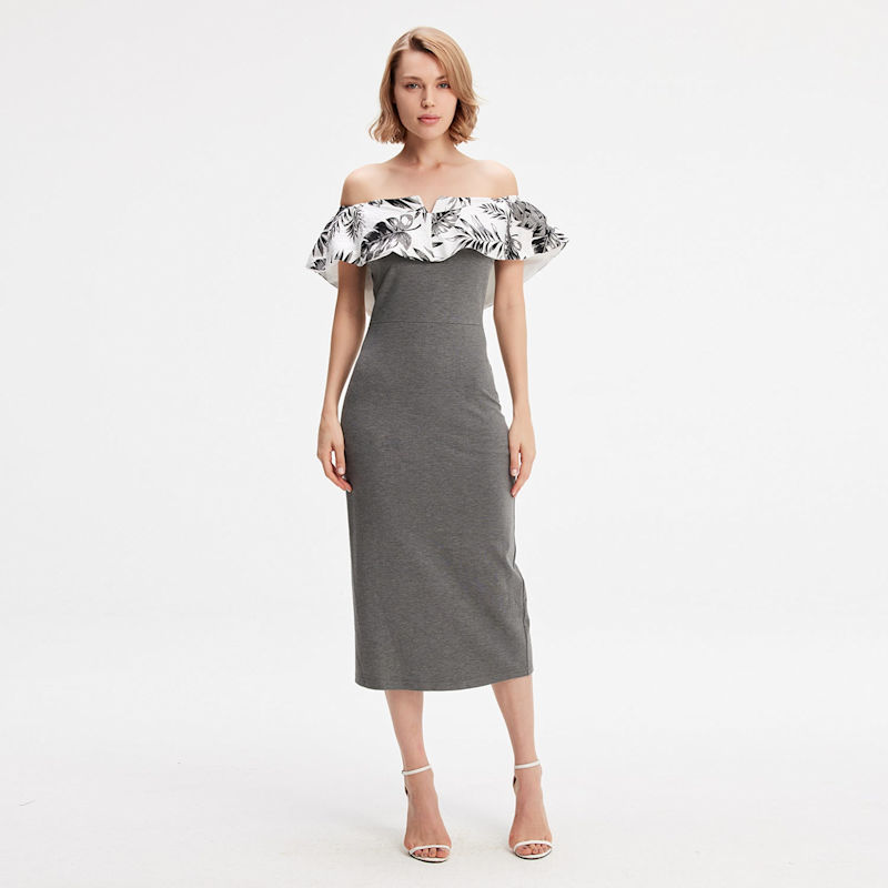 Thumbnail of Bi-Material Bodicon Dress With Off-Shoulder Printed Ruffle image