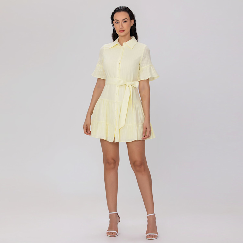 Smart and Joy Fit-And-Flare Tiered Ruffle Mini Shirt-Dress - Yellow