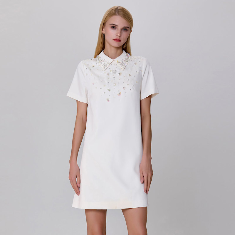 Beaded Straight Shirt Dress -White by Smart and Joy