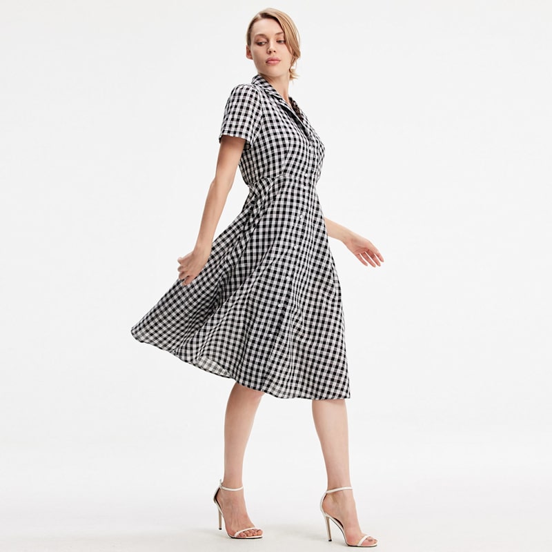 Checks Shirt Dress With Tailor Collar - Black & White