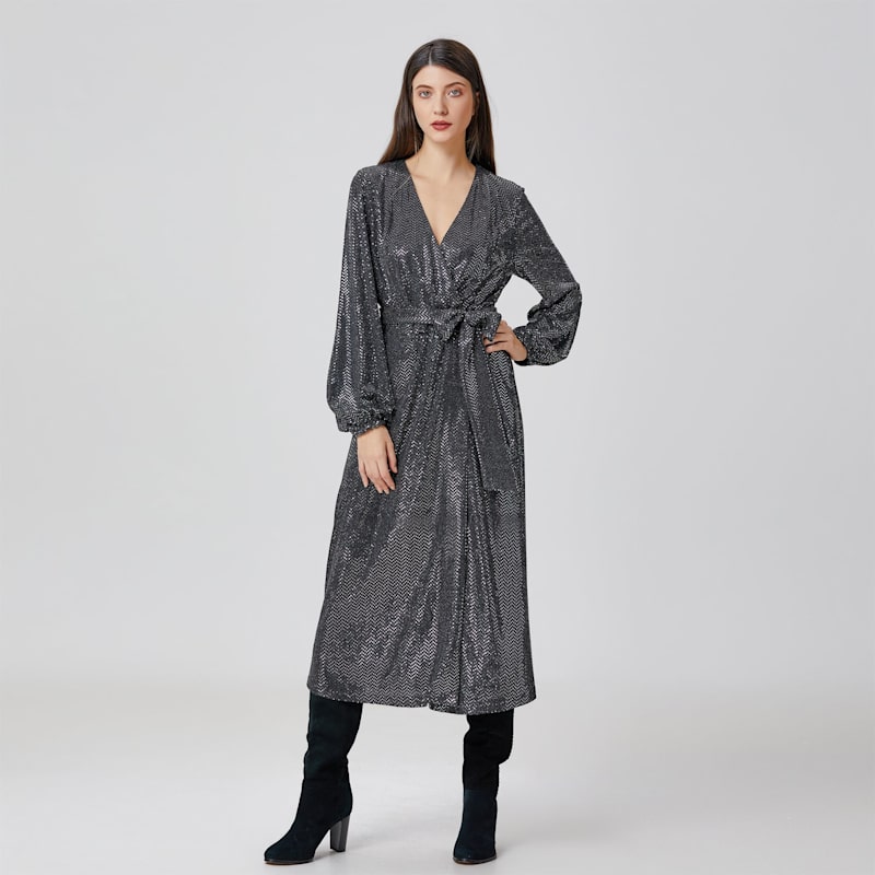 Women's Grey Wrap Effect Glitter Dress - Silver | Extra Large | Smart and Joy