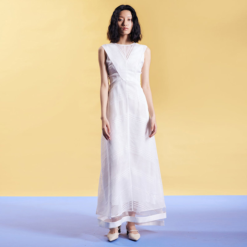 Thumbnail of Long Lace Dress Lace With Satin Trim  - White image