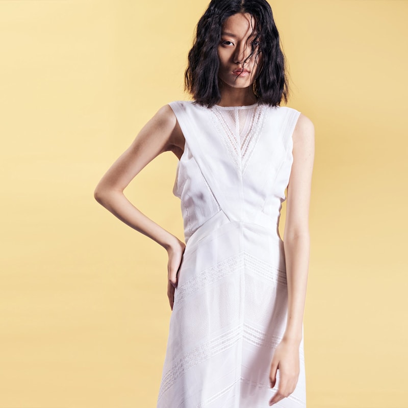 Thumbnail of Long Lace Dress Lace With Satin Trim  - White image
