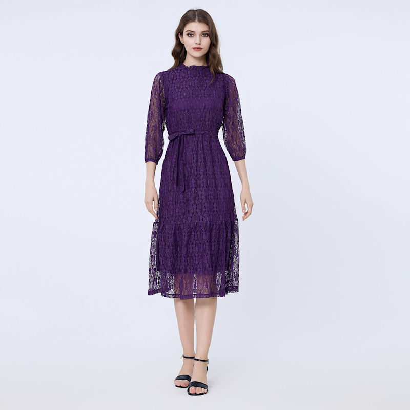 slim fit dress slacks Dark Purple Short Sleeves Lace Fit and Flare Maxi Dress for Women main image 1
