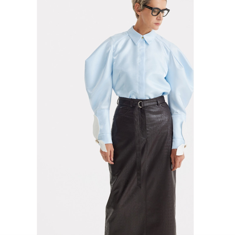 Thumbnail of Romantic Silk Organza Blouse With Balloon Sleeves – Light Blue image