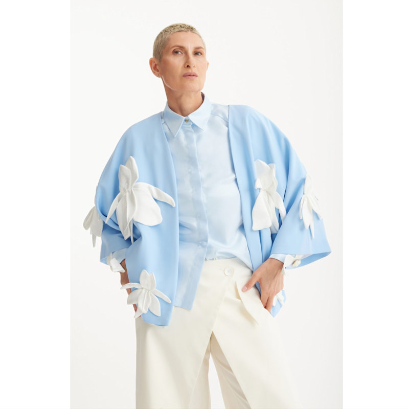 Romantic Silk Organza Blouse With Balloon Sleeves – Light Blue
