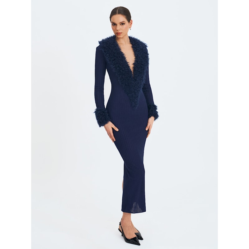 Thumbnail of Romina Navy Plunging Fur Trimmed Crochet Maxi Dress image