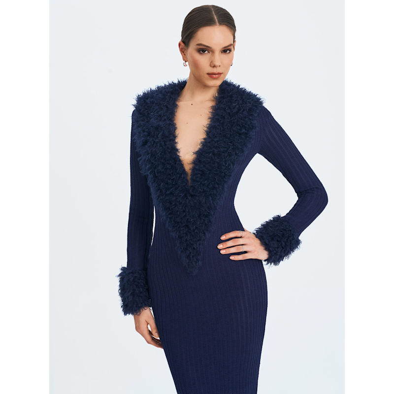 Thumbnail of Romina Navy Plunging Fur Trimmed Crochet Maxi Dress image