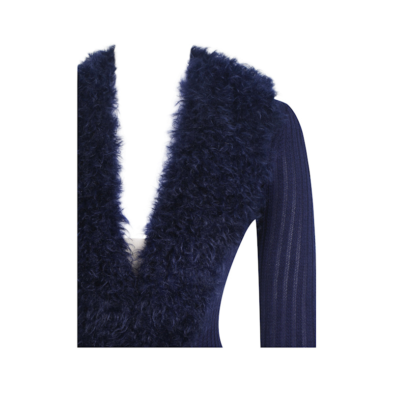 Thumbnail of Romina Navy Plunging Fur Trimmed Crochet Maxi Dress image