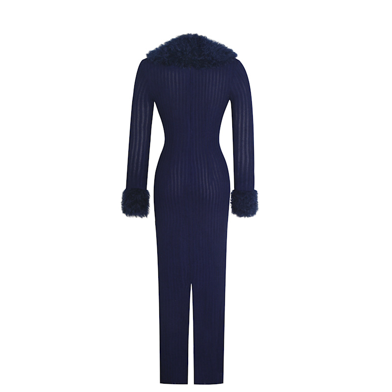 Thumbnail of Romina Navy Plunging Fur Trimmed Crochet Maxi Dress image