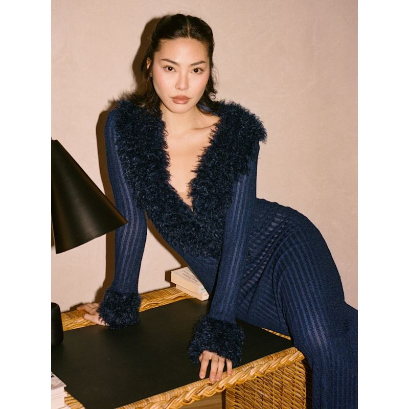 Thumbnail of Romina Navy Plunging Fur Trimmed Crochet Maxi Dress image