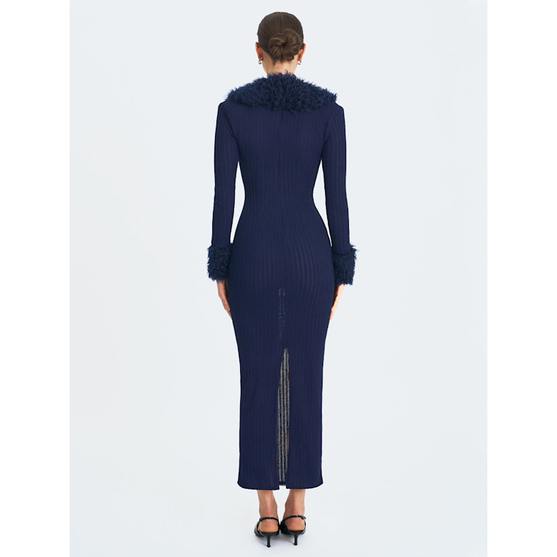 Thumbnail of Romina Navy Plunging Fur Trimmed Crochet Maxi Dress image