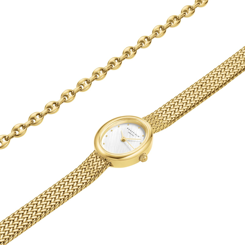 Rosefield Ladies Mini Oval Gold Watch + Coffee Bean Bracelet Gift Set ...