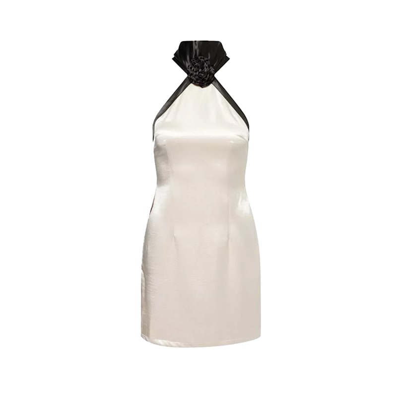 knee length dresses for ladies Serene White Satin Halter Neck Mini Dress - US 12 main image 0