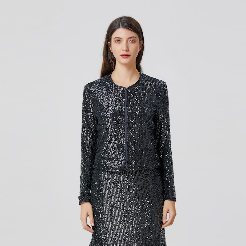 Thumbnail of Round Collar Glitter Jacket - Black image