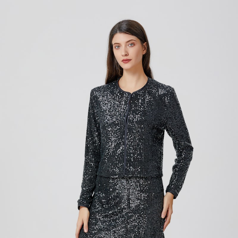 Thumbnail of Round Collar Glitter Jacket - Black image
