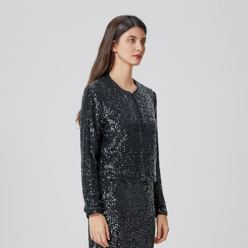 Thumbnail of Round Collar Glitter Jacket - Black image