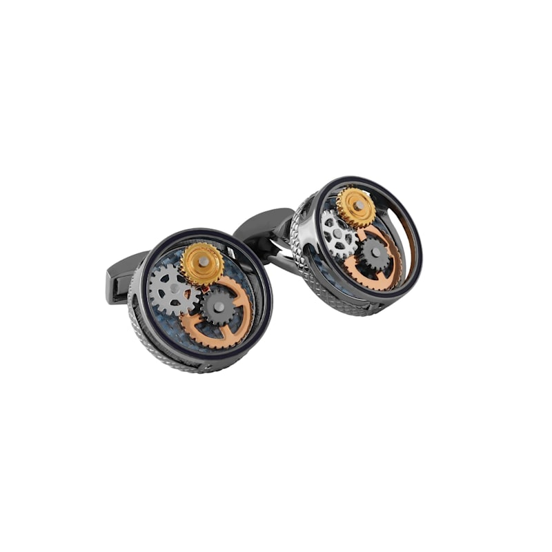 Thumbnail of Round Gear Carbon Fibre Cufflinks In Gunmetal Plated image