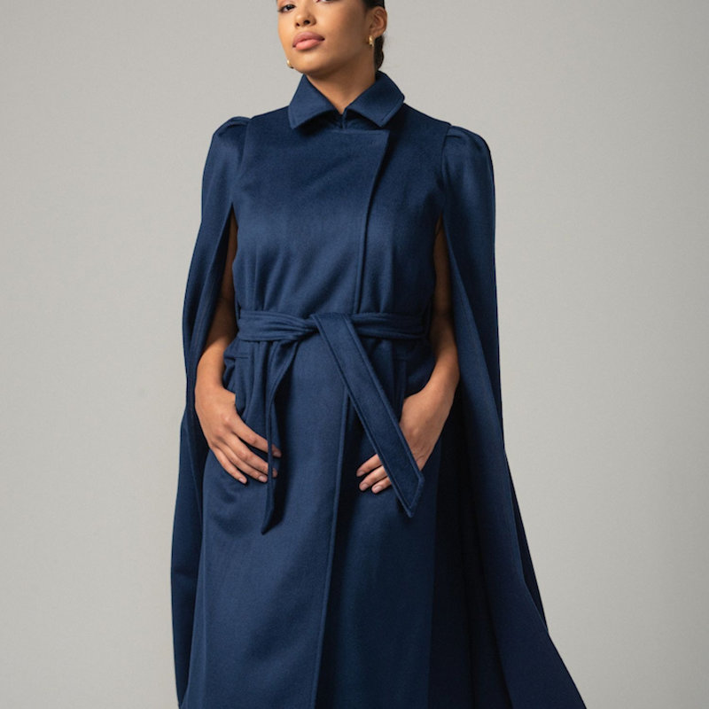 Wool Cashmere Royal Long Cape In Navy Blue | Nina Nieves | Wolf