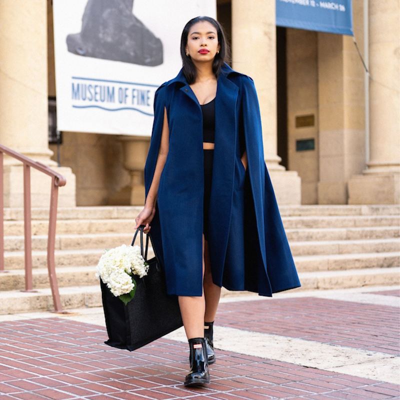 Wool Cashmere Royal Long Cape In Navy Blue | Nina Nieves | Wolf