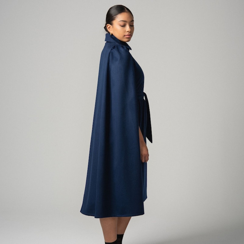 Wool Cashmere Royal Long Cape In Navy Blue | Nina Nieves | Wolf