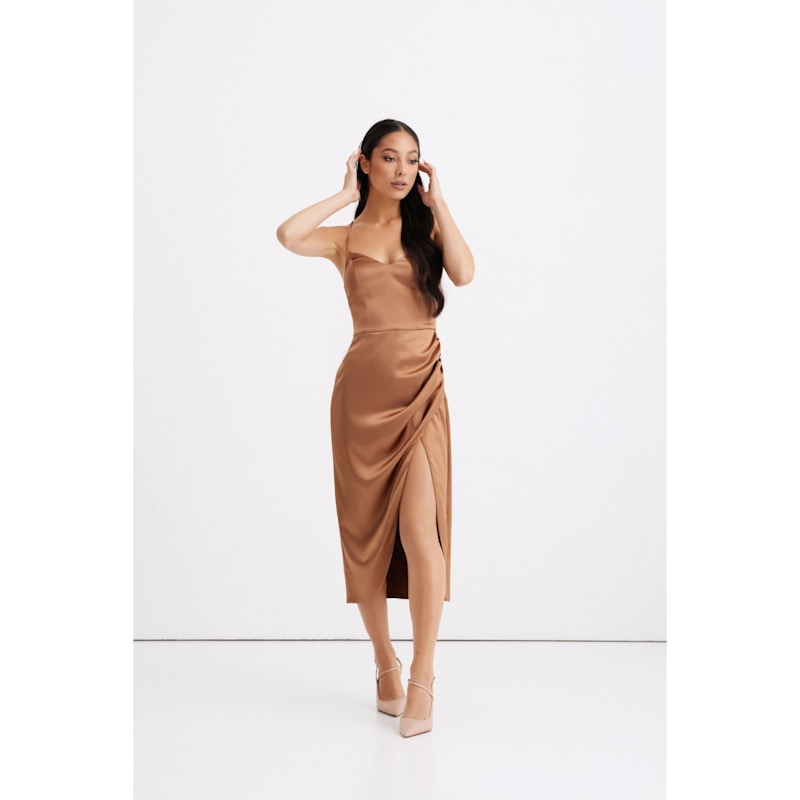 Women's Selena Brown Satin Midi Dress with Straps and Draped Skirt | Small | Nomi Fame
