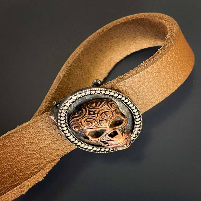 Thumbnail of Sterling Silver & Diamond Skull Brown Leather Bracelet - Brown image