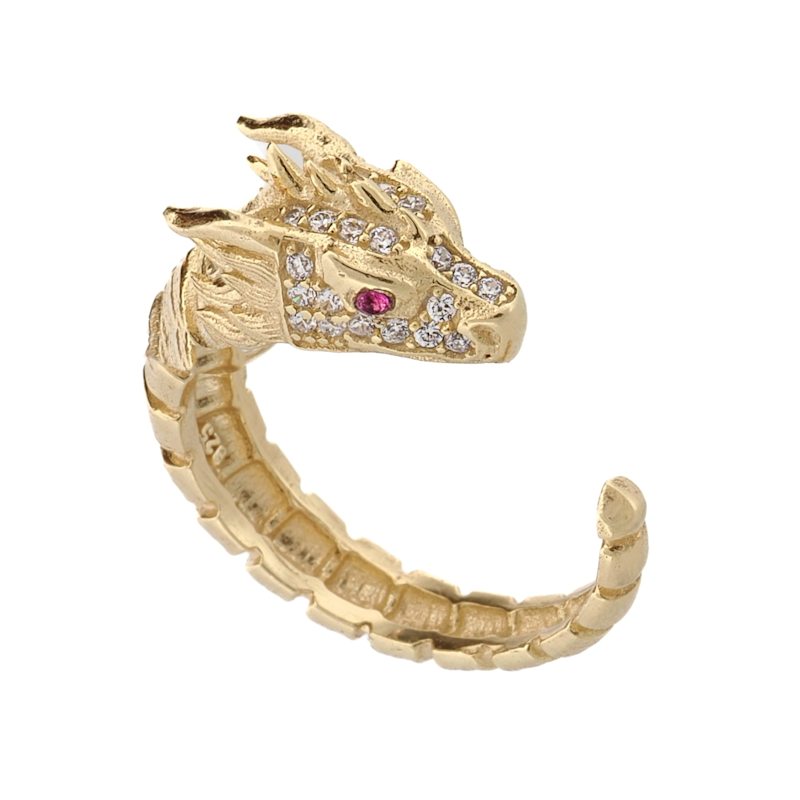 Thumbnail of Ruby Eyed Guardian Gold Dragon Design Ring - Gold image